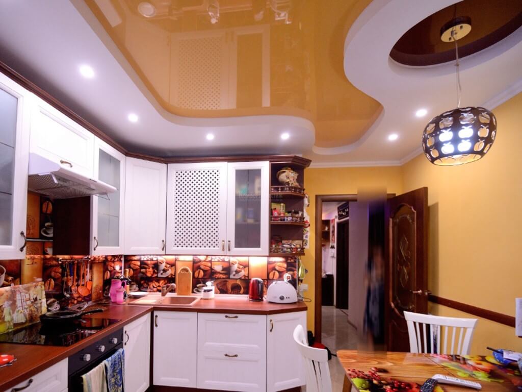 Двухуровневый натяжной потолок  на кухню фото 67